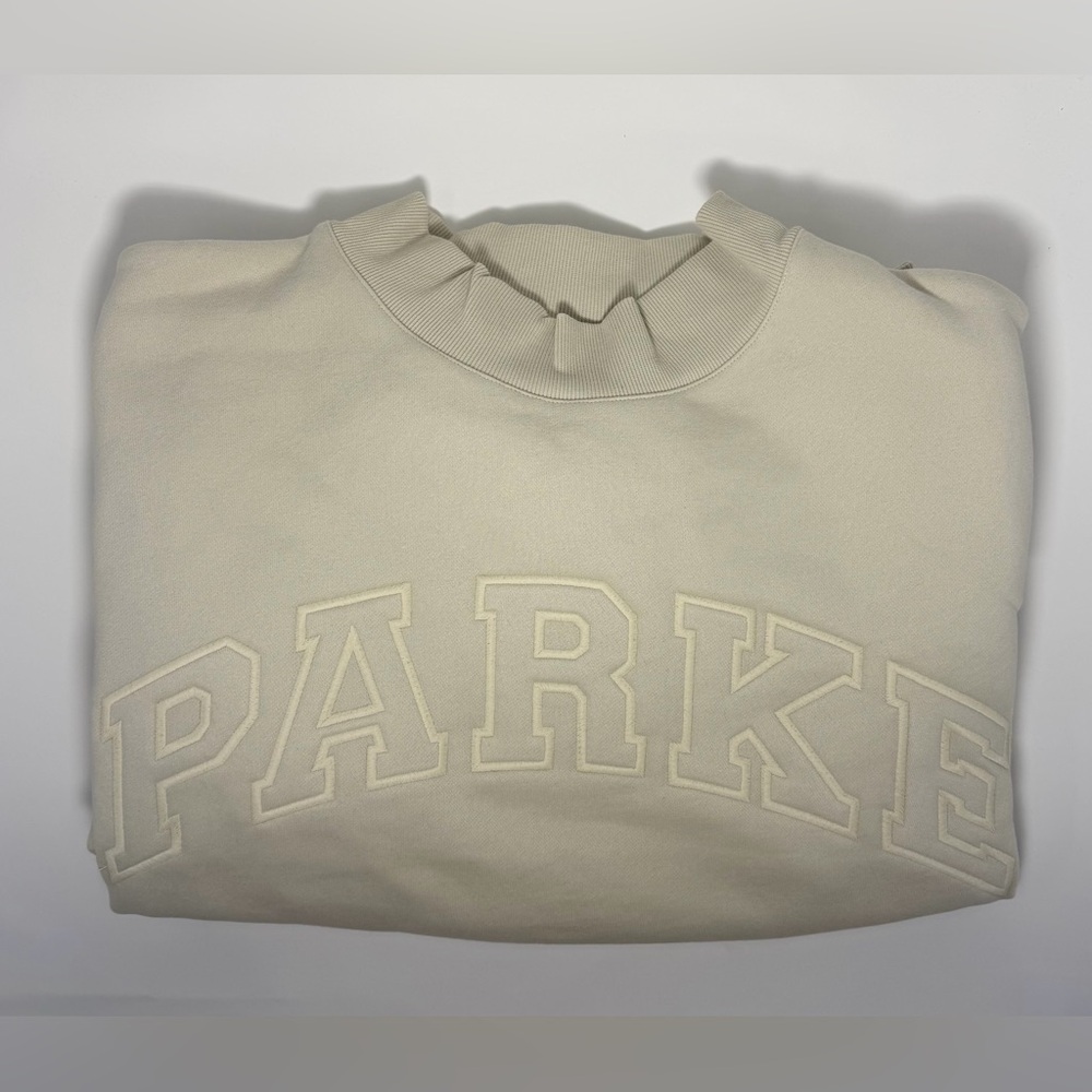 NEW Sold Out PARKE Tonal Monochrome Varsity Mockneck Sweatshirt, Color Oat, L/XL